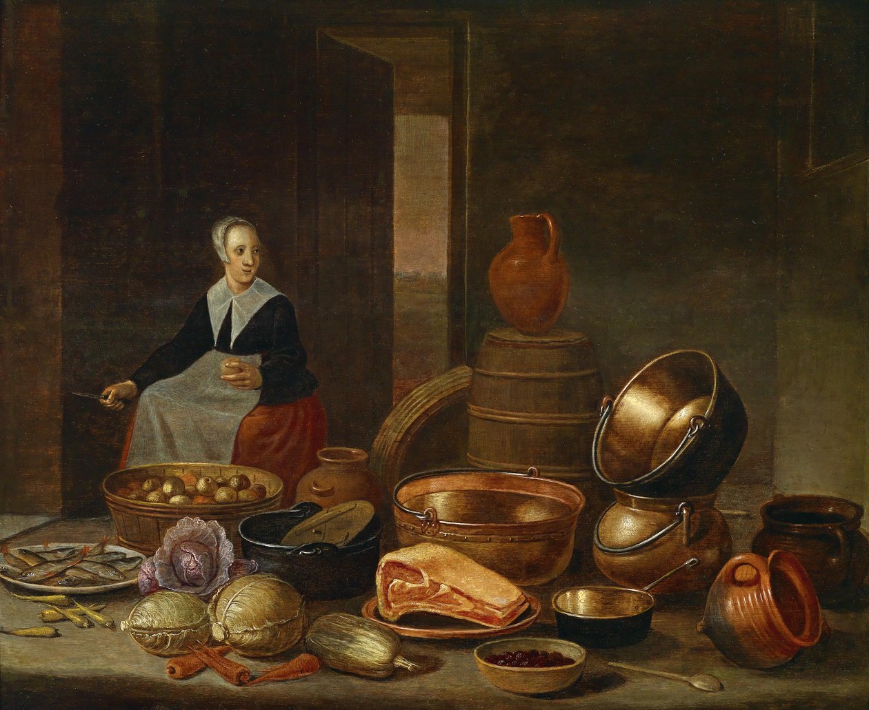 Kücheninterieur mit Magd av Floris Gerritsz van Schooten