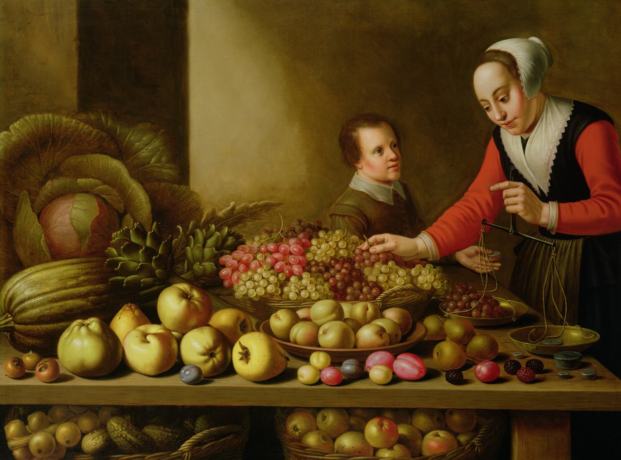 Flicka som säljer druvor från ett stort bord lastat med frukt och grönsaker av Floris Gerritsz van Schooten