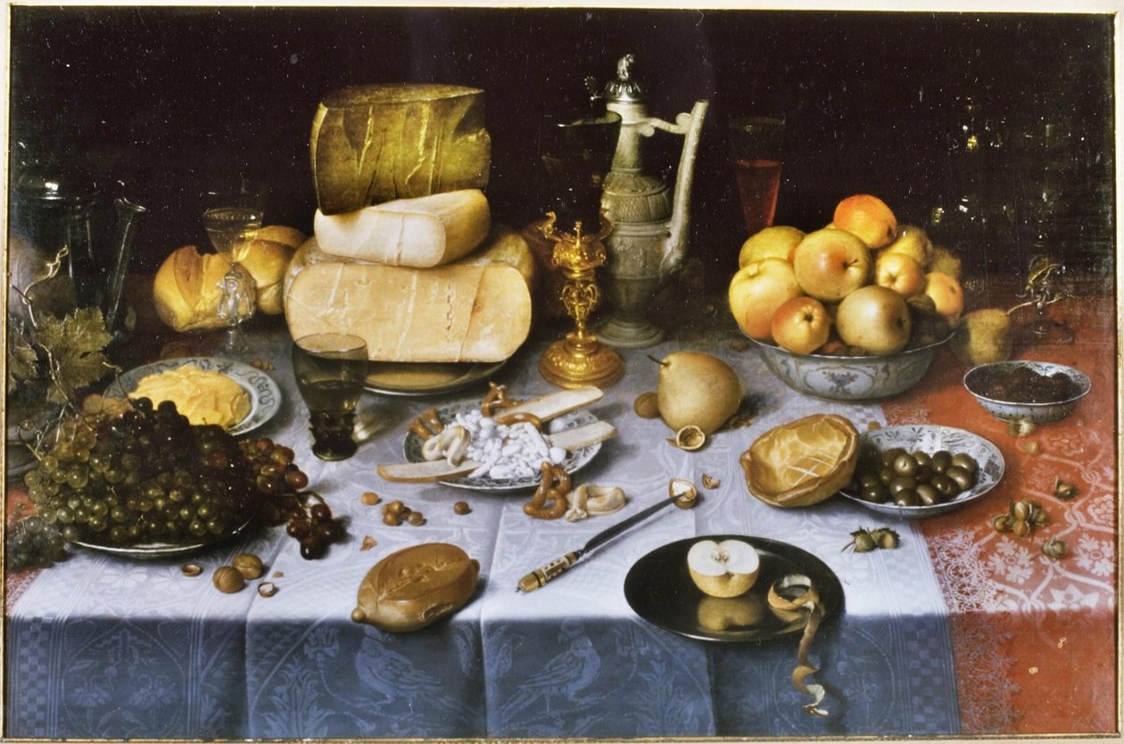 Holländska: Stilleben med frukt, ost, bröd och vin Dukat bord med ost och frukt av Floris van Dyck