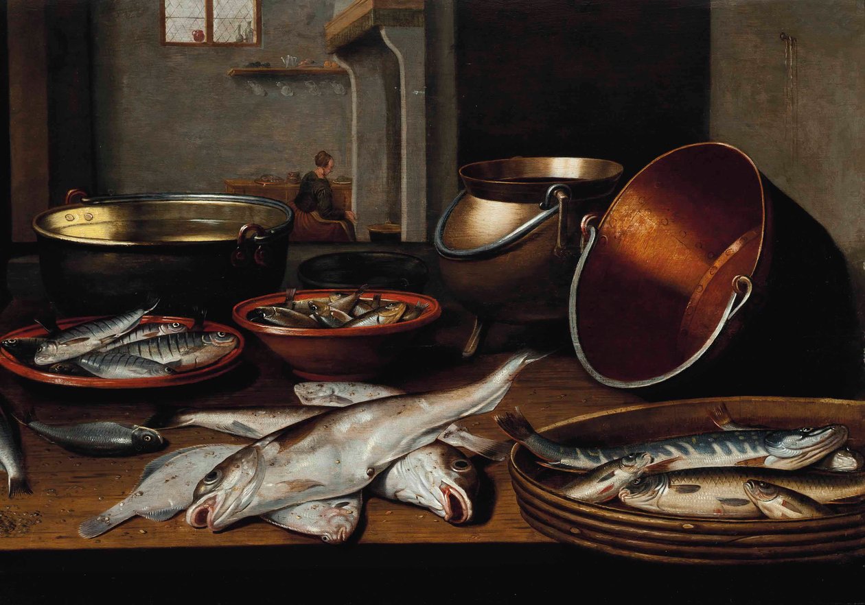 En köksinredning med fisk och redskap på ett bord av Floris van Schooten