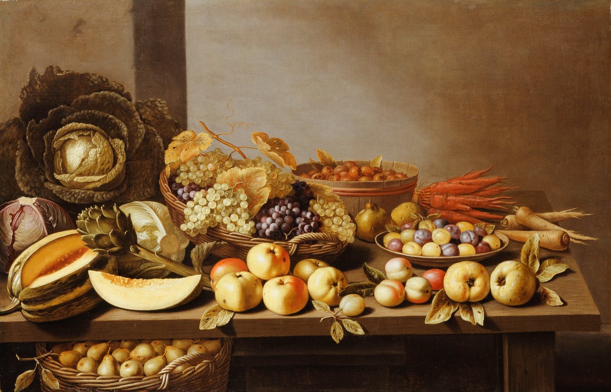 Skålar med frukt och nötter på ett träbord med en korg med päron under, av Floris Gerritsz van Schooten