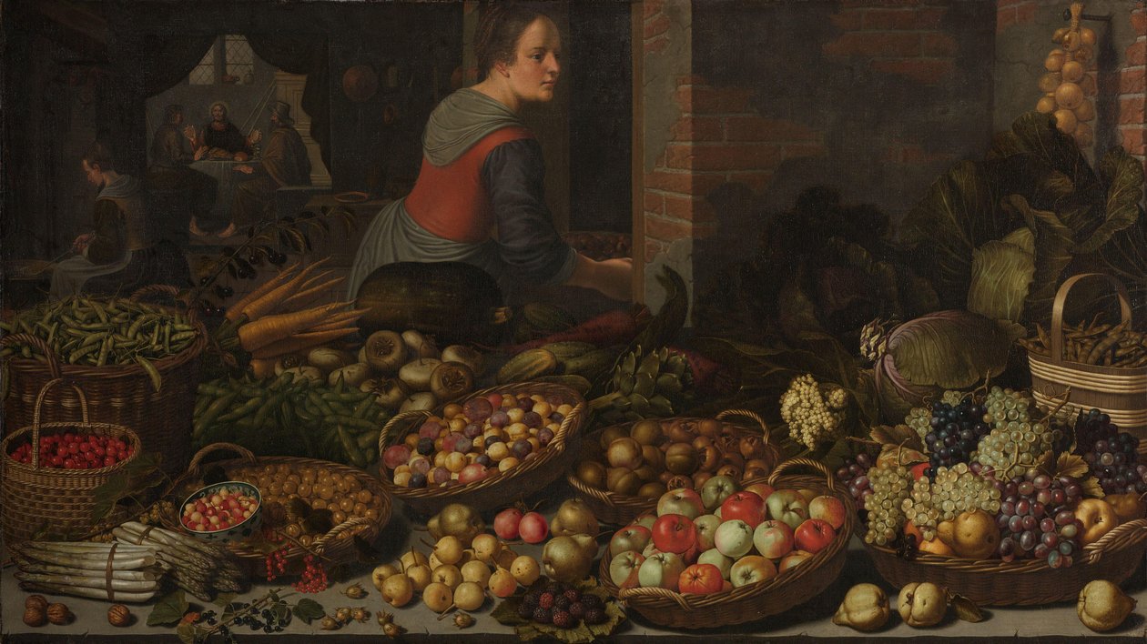Stilleben med frukt och grönsaker, med Kristus vid Emmaus i bakgrunden av Floris Gerritsz van Schooten