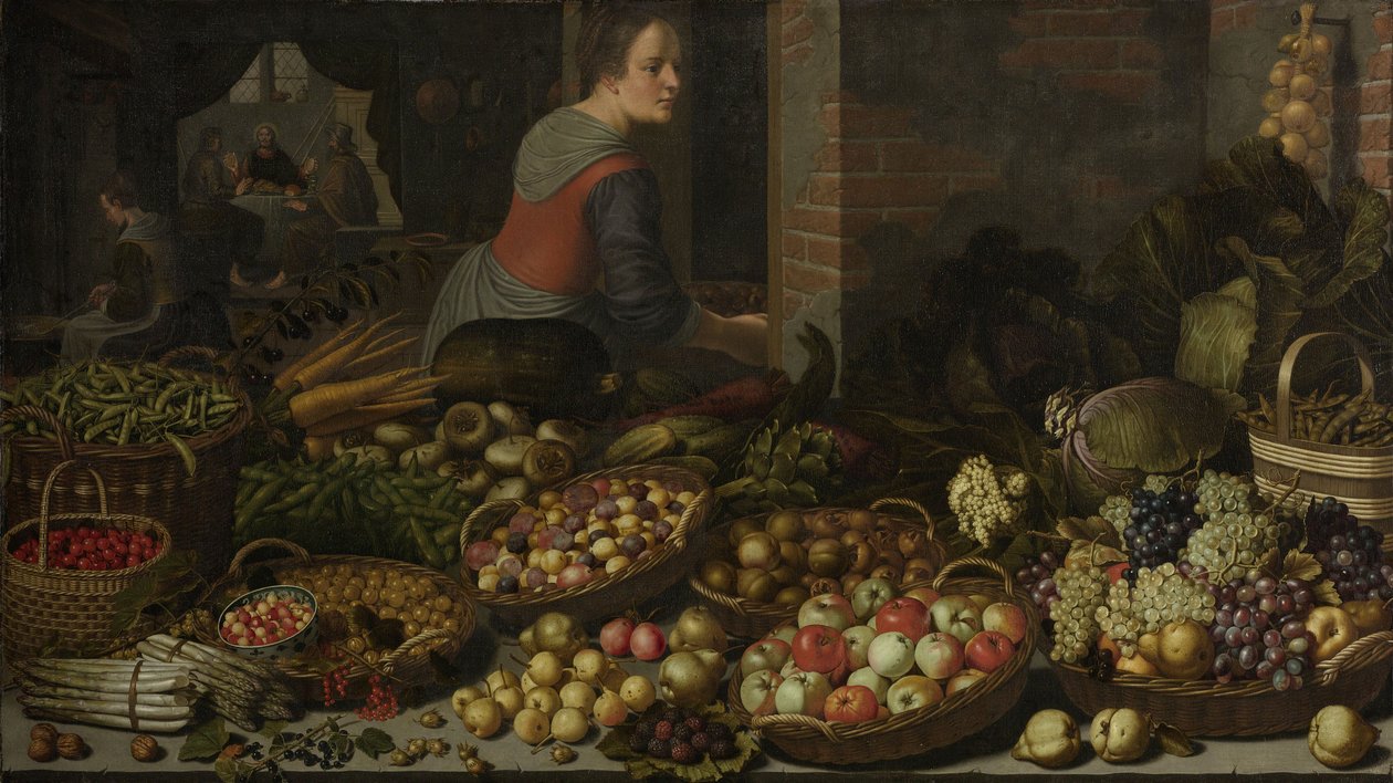 Stilleben med frukt och grönsaker, med Kristus i Emmaus i bakgrunden, ca. 1630 av Floris Gerritsz van Schooten
