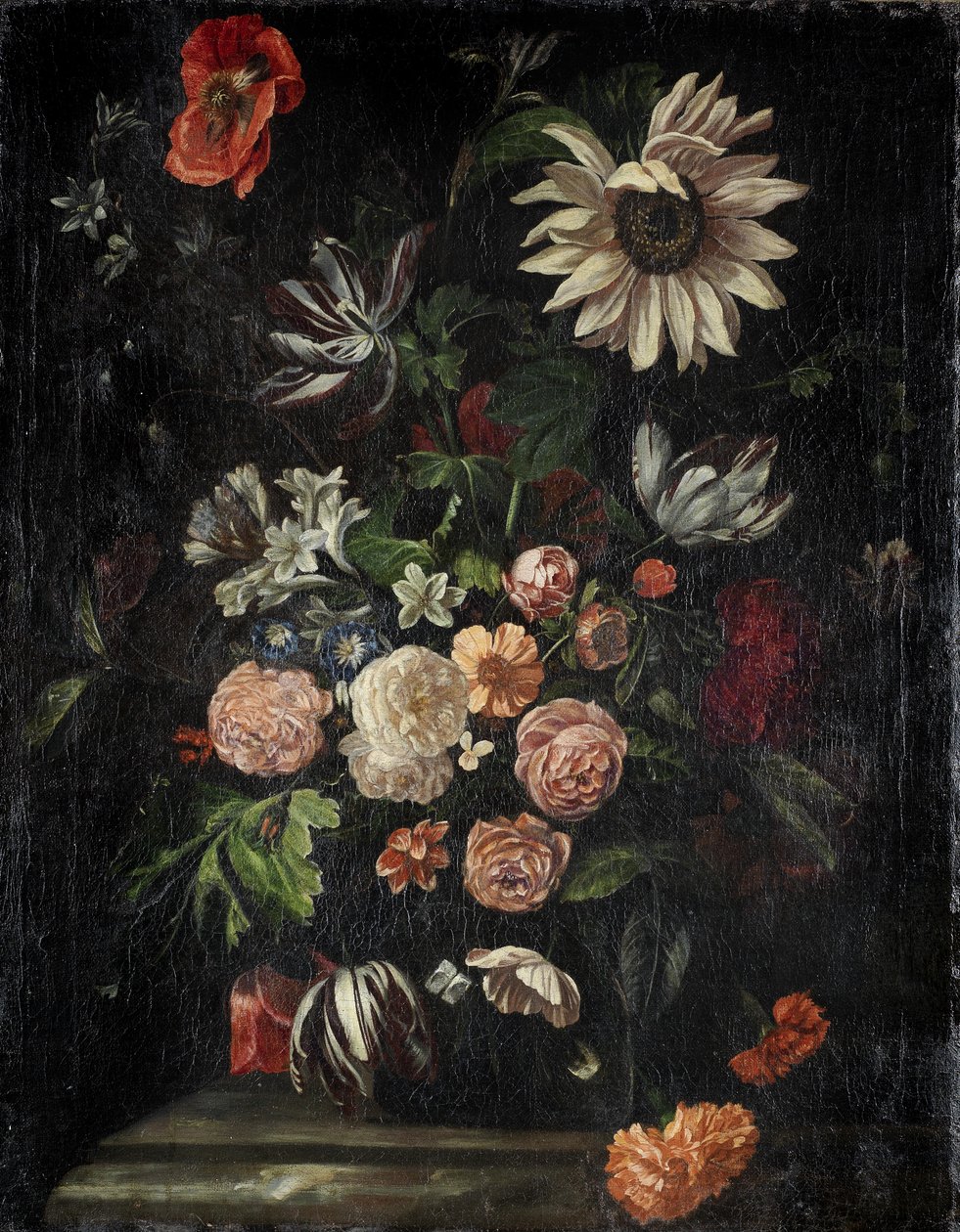 Rosor, tulpaner, vallmo, en solros och andra blommor av Follower of Ernst Stuven