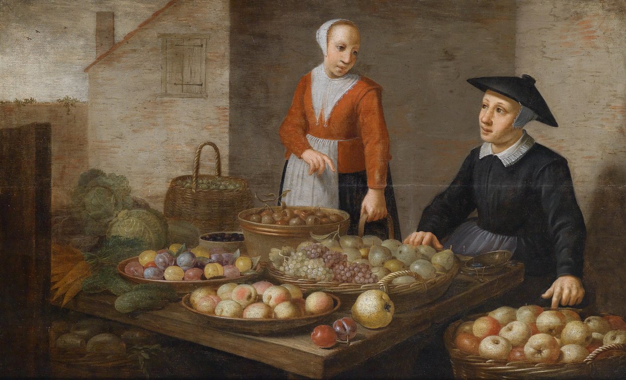 Marktszene mit zwei Obst- und Gemüseverkäuferinnen av Follower of Floris van Schooten