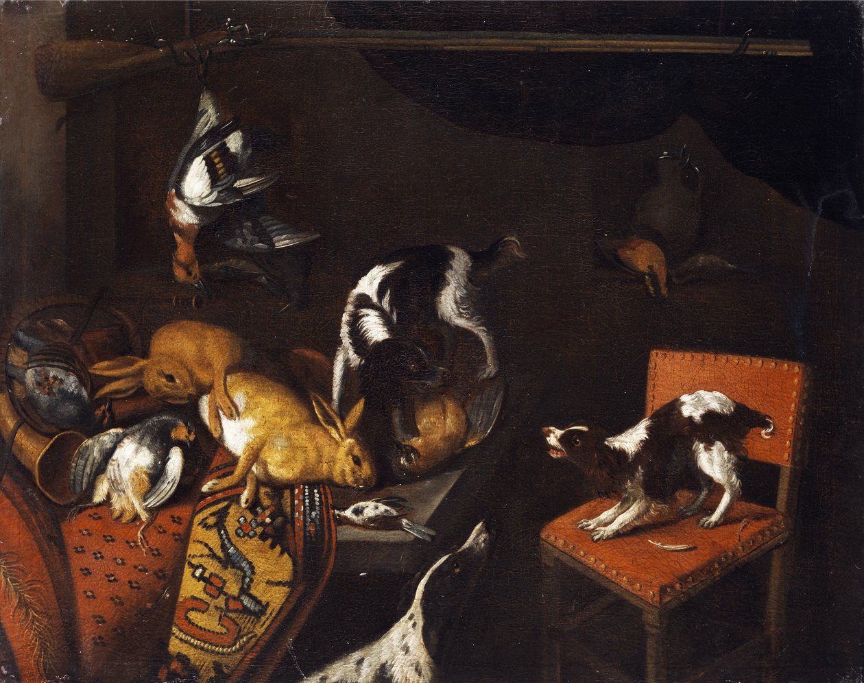 Still life with dead hares and birds, armchair, hounds, hunting gun av Follower of Frans Snyders