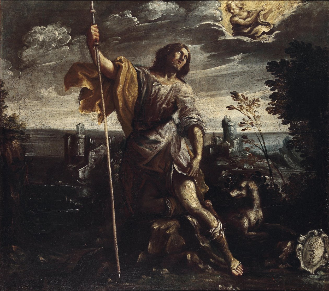 Saint Roch i ett landskap av Follower of Giovanni Andrea Donducci