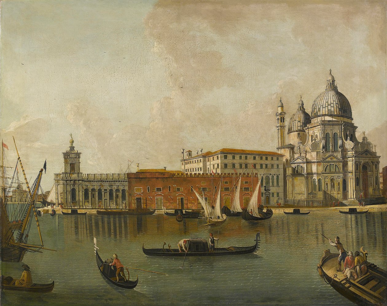 Vy över Dogana och Santa Maria della Salute i Venedig av Follower of Michele Marieschi