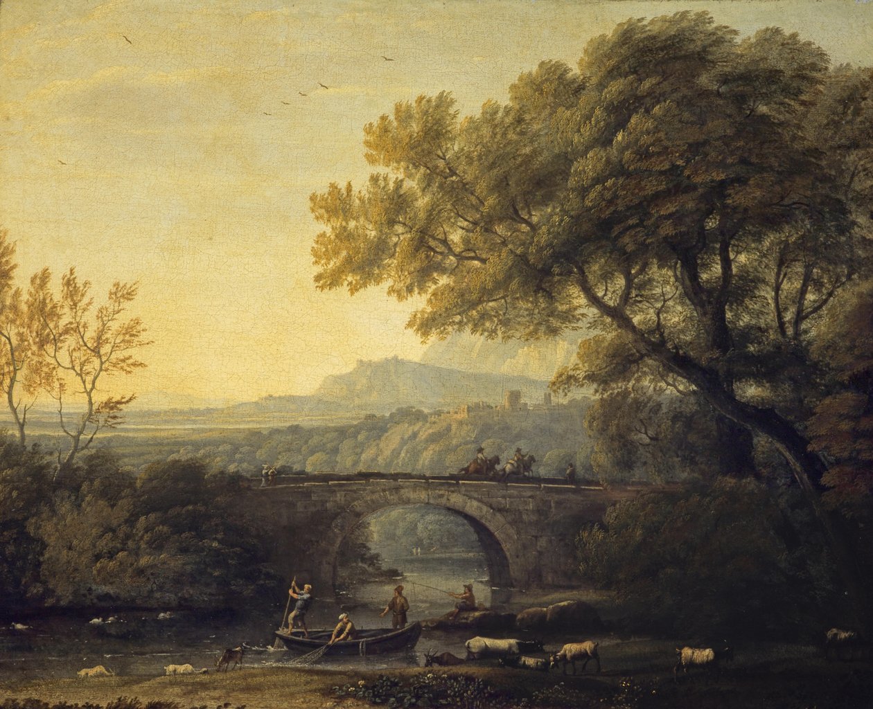 Franska:  Paysage avec un pont Landskap med en bro av Follower of Claude Lorrain