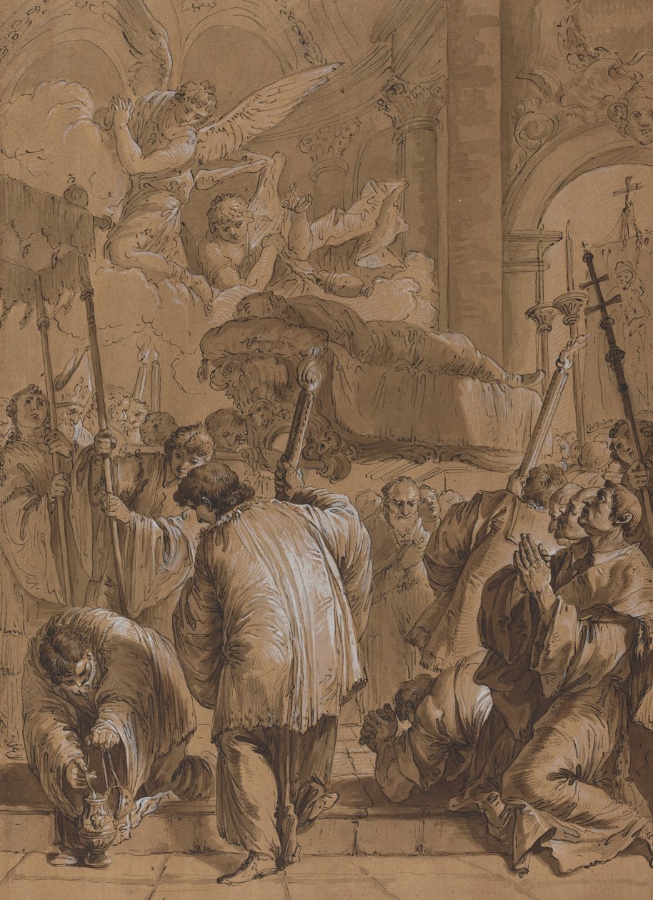 Begravningsprocession av ett helgon med änglar av Follower of Francesco Fontebasso