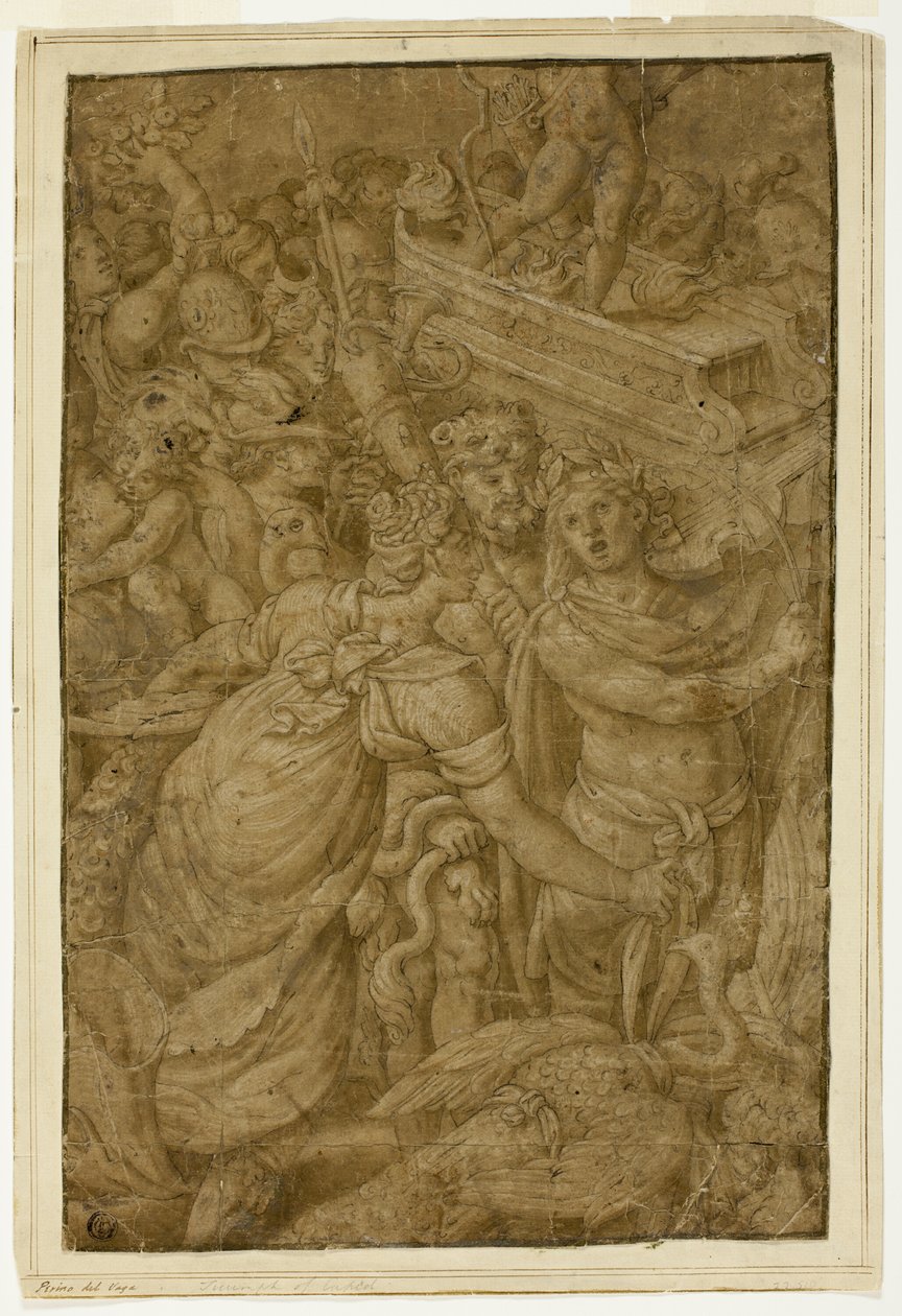 Amor i triumfvagn, ackompanjerad av gudar och gudinnor av Follower of Giulio Romano