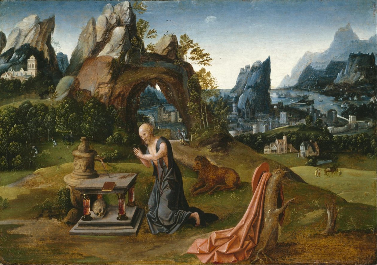 S:t Hieronymus ber i ett landskap av Follower of Joachim Patinir