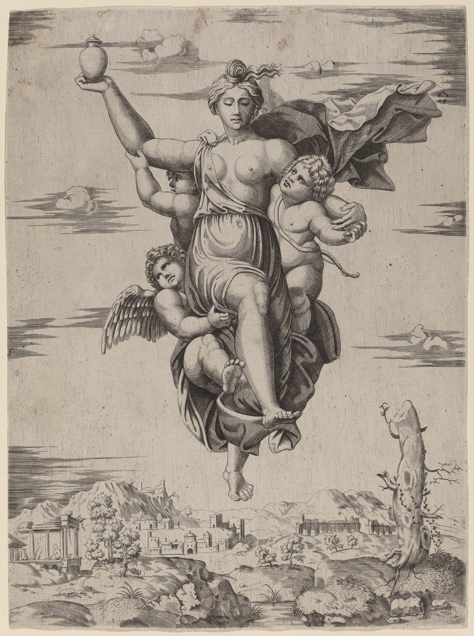Psyche bärs till Olympen av Follower of Marcantonio Raimondi after Raphael
