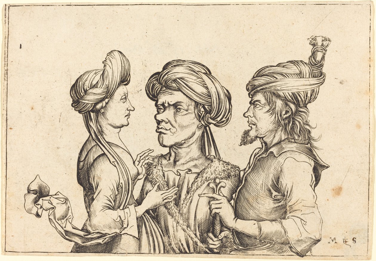 Tre orientaliska figurer av Follower of Martin Schongauer