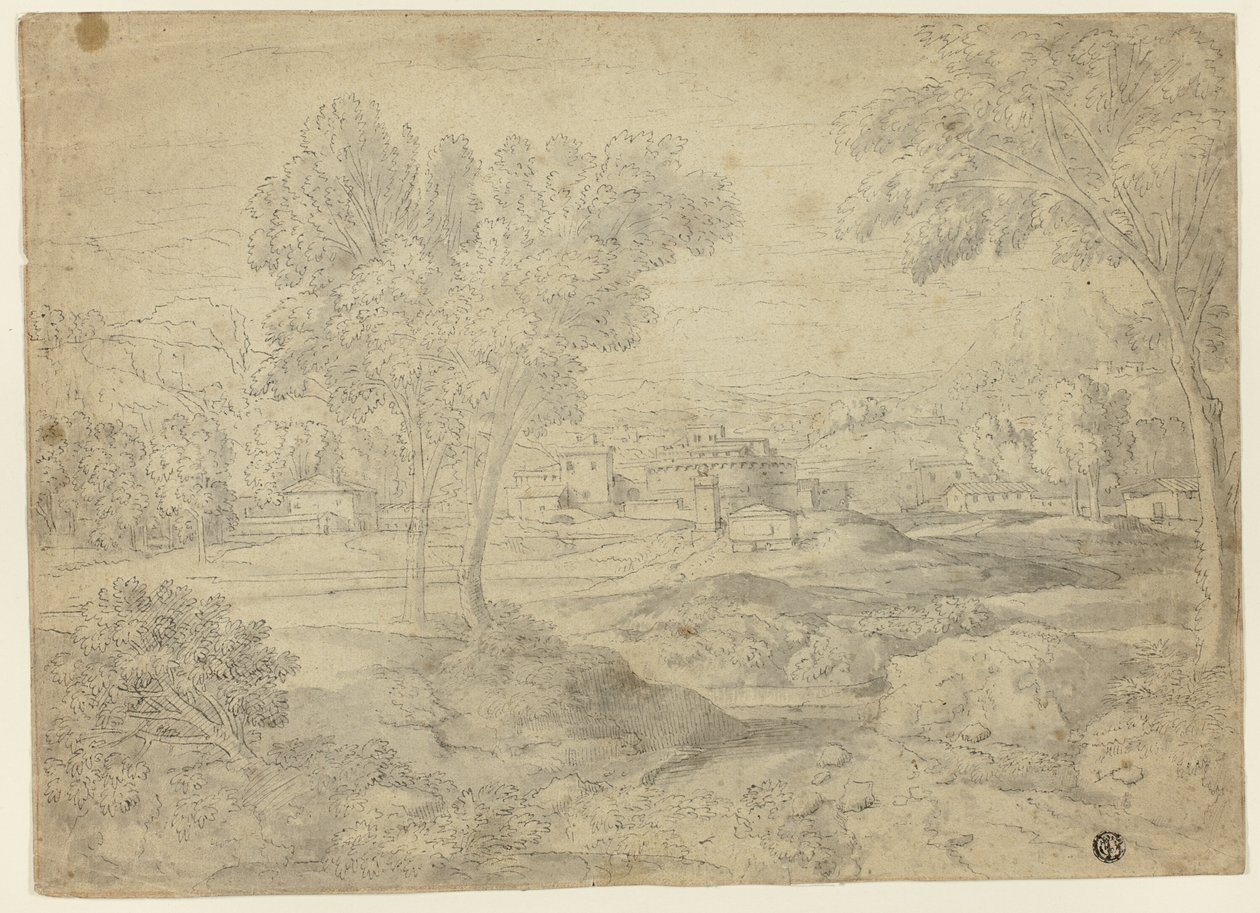 Italienskt landskap med byggnader av Follower of Nicolas Poussin