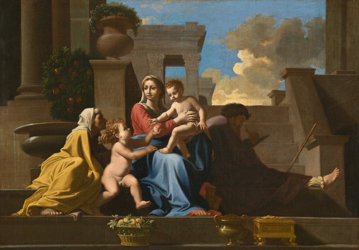 Den heliga familjen på trappan av Follower of Nicolas Poussin