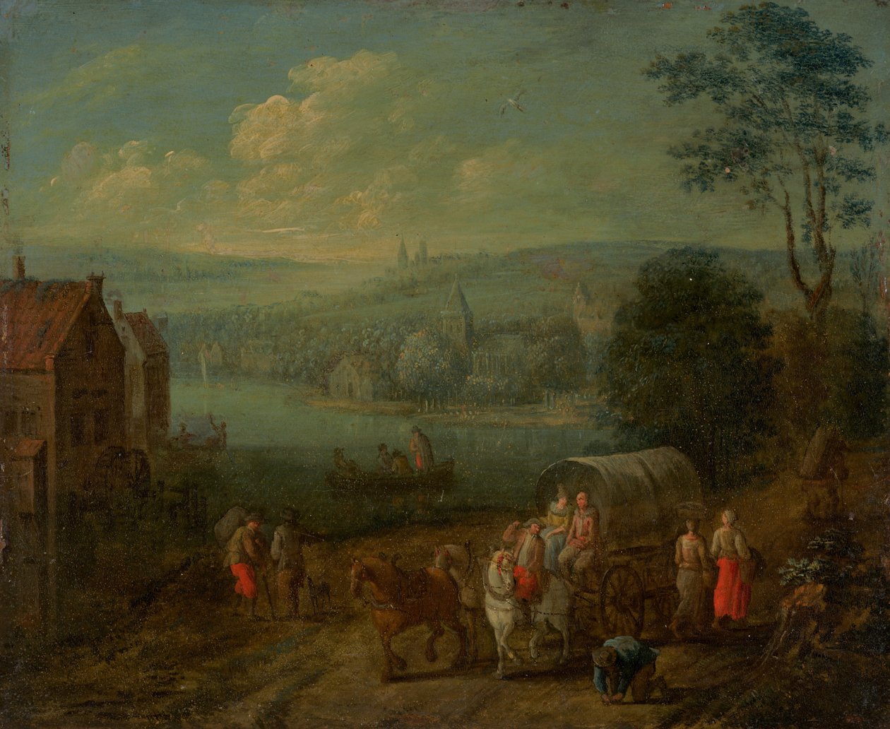 Flodlandskap med byar och resenärer [verso] av Follower of Peeter Gysels