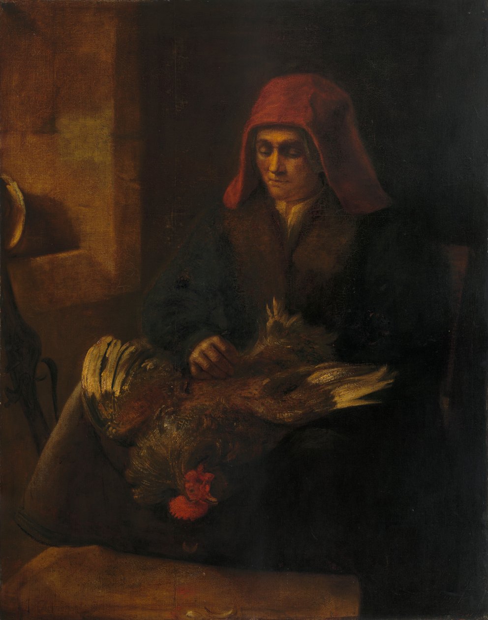 Gammal kvinna som plockar en fågel av Follower of Rembrandt van Rijn