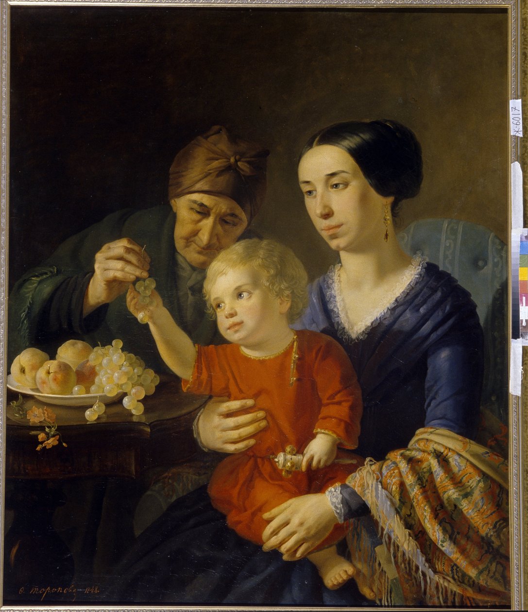 Familjeporträtt. En bebis som håller en skallra, i sin mammas knä, får några druvor från sin mormor. Målning av Foma Gavrilovich Toropov (1821-1898), olja på duk av Foma Gavrilovich Toropov