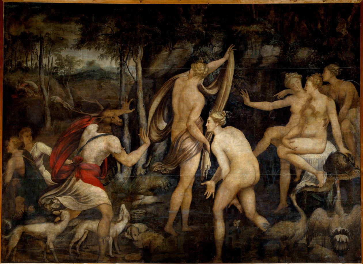 Diane (Artemis), jaktens gudinna, och Acteon, jägare Målning från School of Fontainebleau (1500-talet). Mått 2,65 x 3,67 m av Fontainebleau School