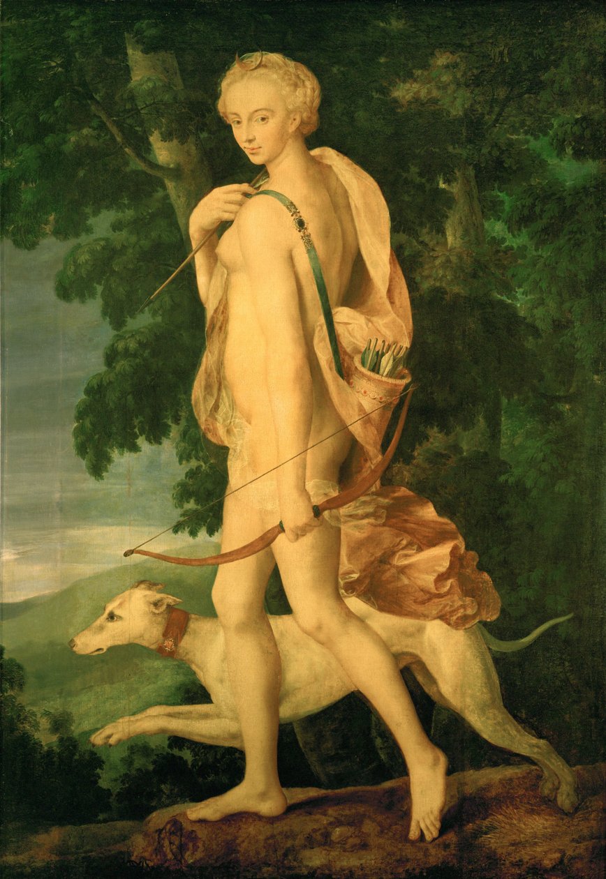 Diane chasseresse - Diana jagar. Diana är Diane de Poitiers. Målningen är inspirerad av en brons av Primaticcio... av Fontainebleau School