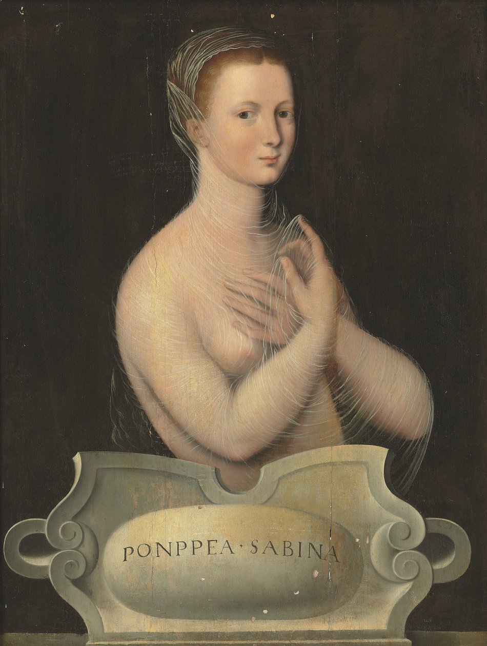 Porträtt av Poppaea Sabina i halvfigur, med genomskinlig slöja, framför en stenkartusch (olja på pannå) av Fontainebleau School