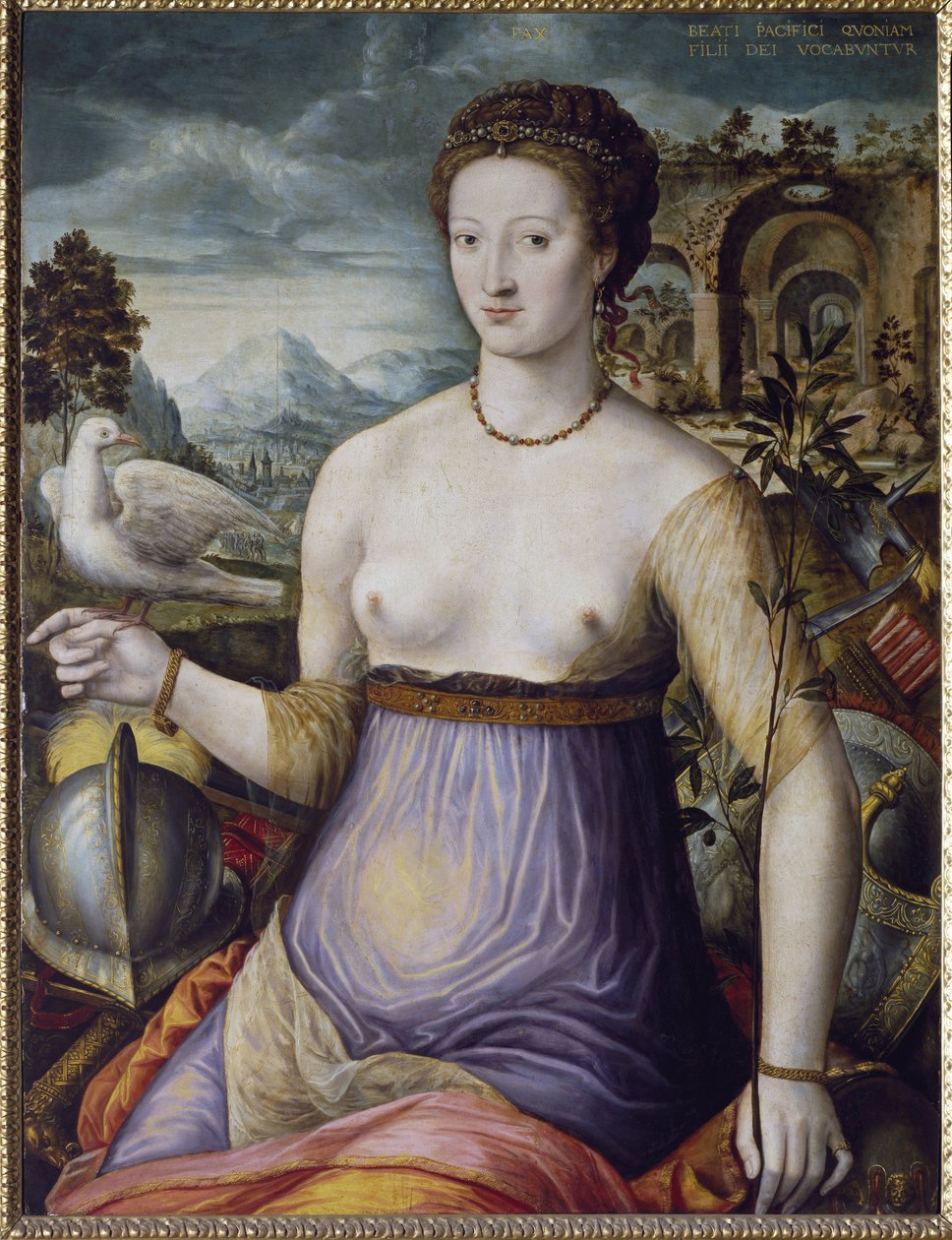 Fredsallegorin, eller Diane de Poitiers som håller en duva Porträtt av hertiginnan av Valentinois Diane de Poitiers (1499-1566), favorit hos kung Henrik II av Frankrike. Målning av School of Fontainebleau, XVI-talet. Florens, Museo Nazionale del Bargel av Fontainebleau School