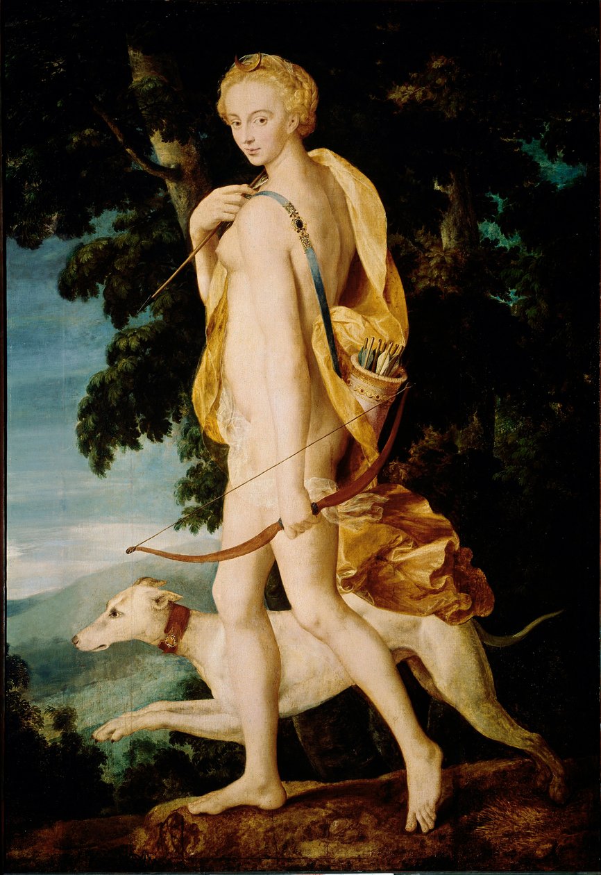 Gudinnan med båge har sällskap av en hund. Målning av School of Fontainebleau. 1500-talet sön. 1,91 x 1,32 m Paris, Louvren av Fontainebleau School
