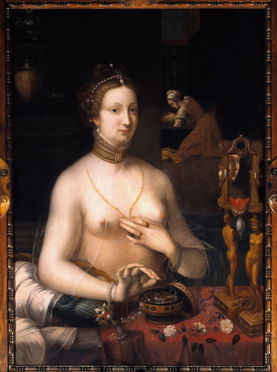 Damen har sin toalettmålning från School of Fontainebleau. Omkring 1560. Dim. 1,05 x 0,76 m. Dijon, Museum of Fine Arts av Fontainebleau School