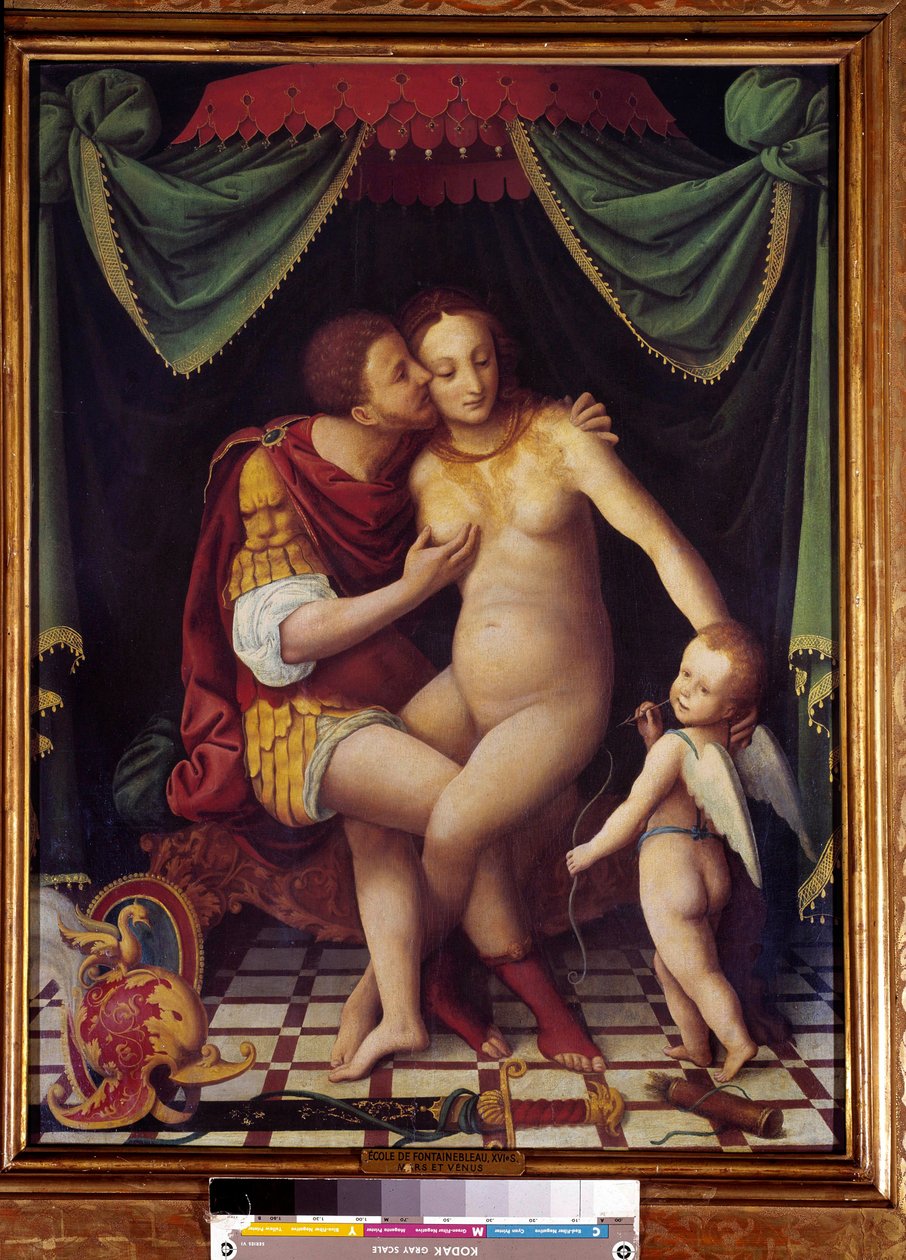 Venus och Mars Representation av de två gudarna som kysser. Målning av School of Fontainebleau. av 1500-talet av Fontainebleau School