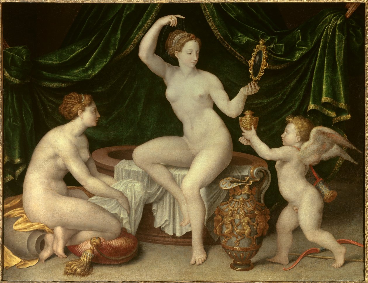 Venus har sin toalett Målning av School of Fontainebleau. 1500-talet. Dämpa. 0,97 x 1, 26 m - Venus toalett. Fontainebleau School.1500-talet. 0,97 x 1,26 m. Louvren, Paris av Fontainebleau School