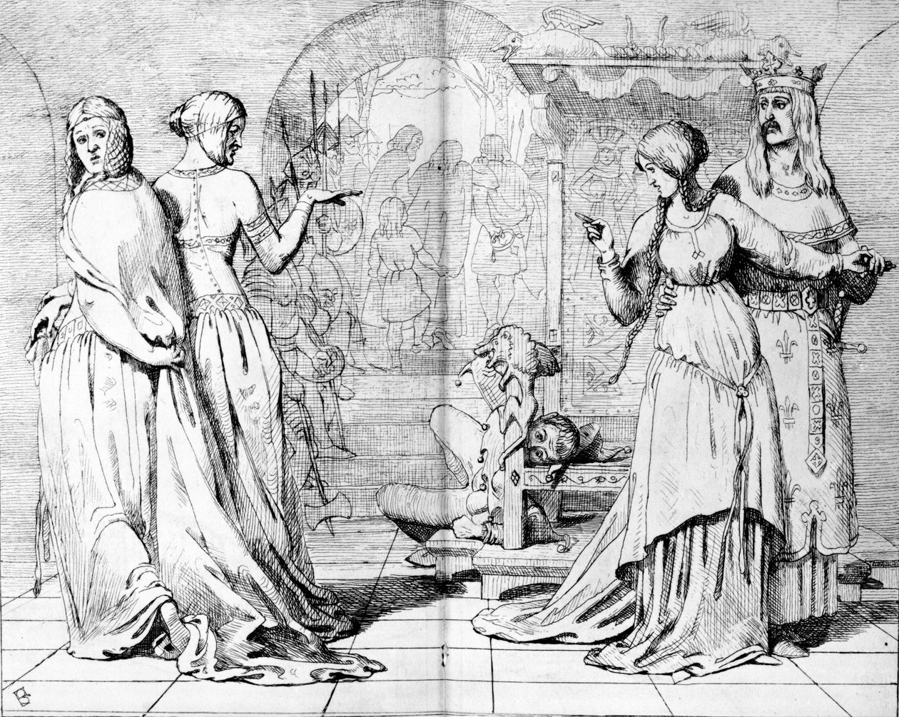 Cordelia ledde bort från Goneril och Regan, illustration från "The Germ", 1850 av Ford Madox Brown