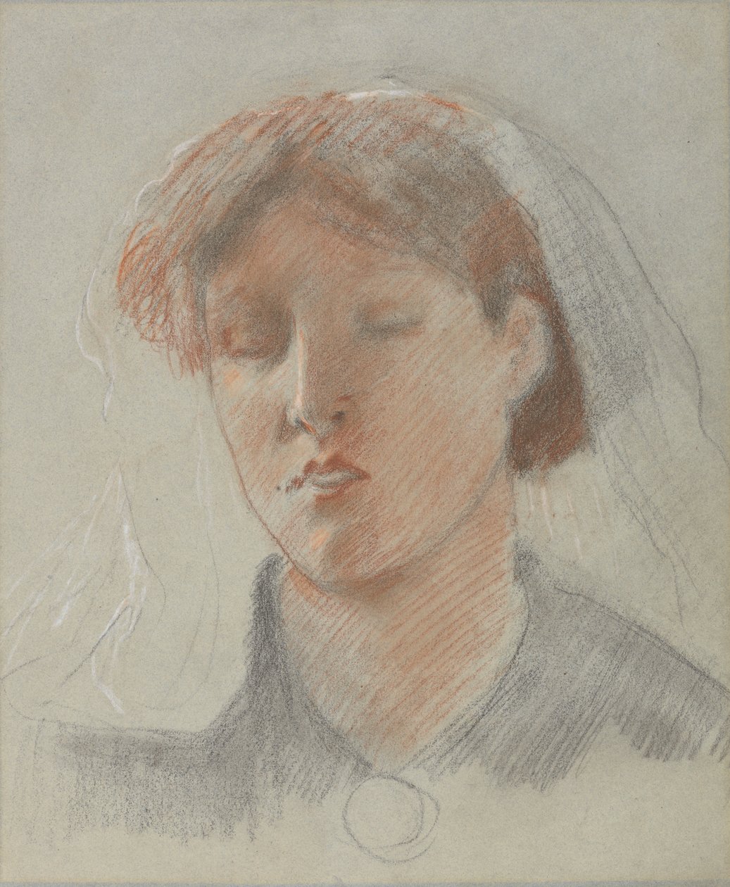 Kunstnerens kone, Emma, på sin bryllupsdag (farvet kridt på papir) swed av Ford Madox Brown