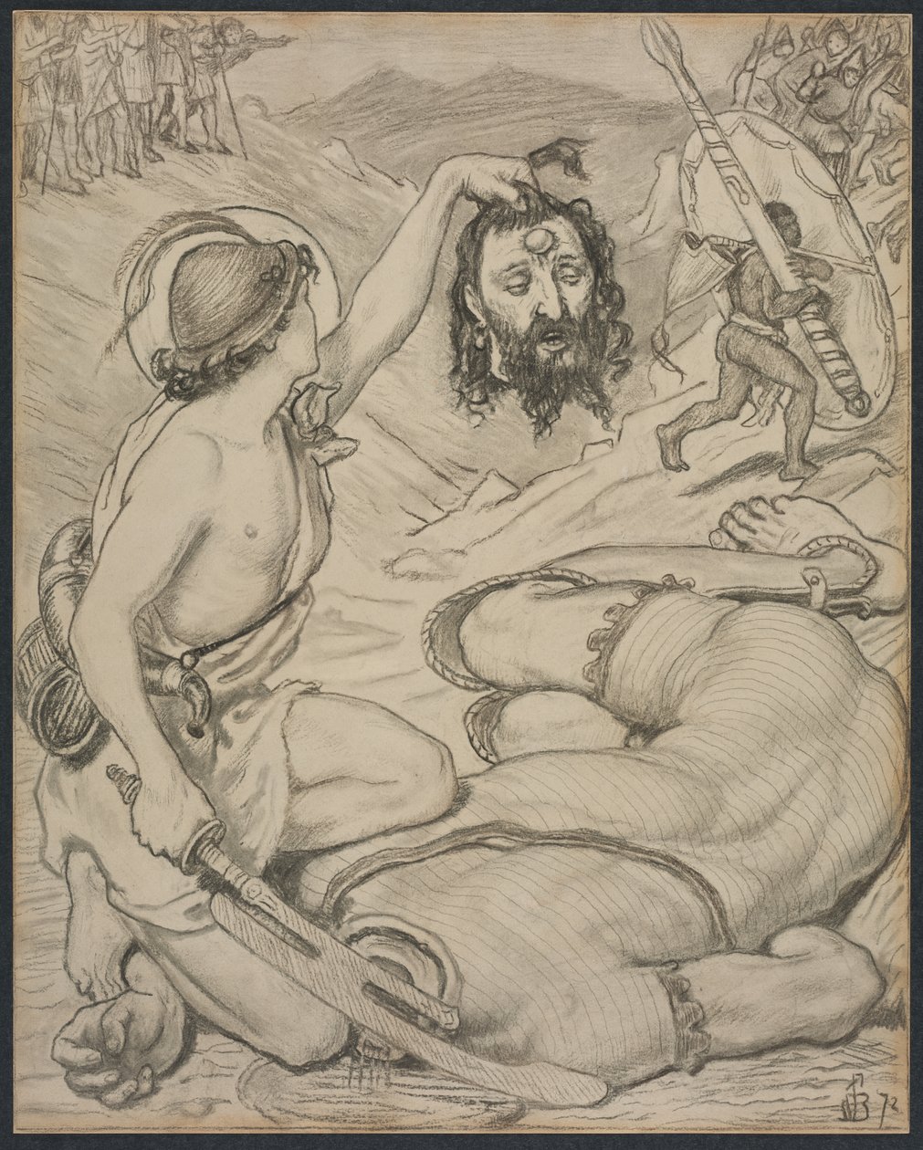 David och Goliath, tecknad film för fönster i målat glas på Jesus College, Cambridge av Ford Madox Brown