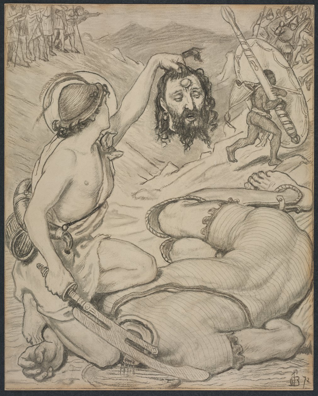 David och Goliath, Tecknad film för fönster i målat glas vid Jesus College, Cambridge, 1872. av Ford Madox Brown