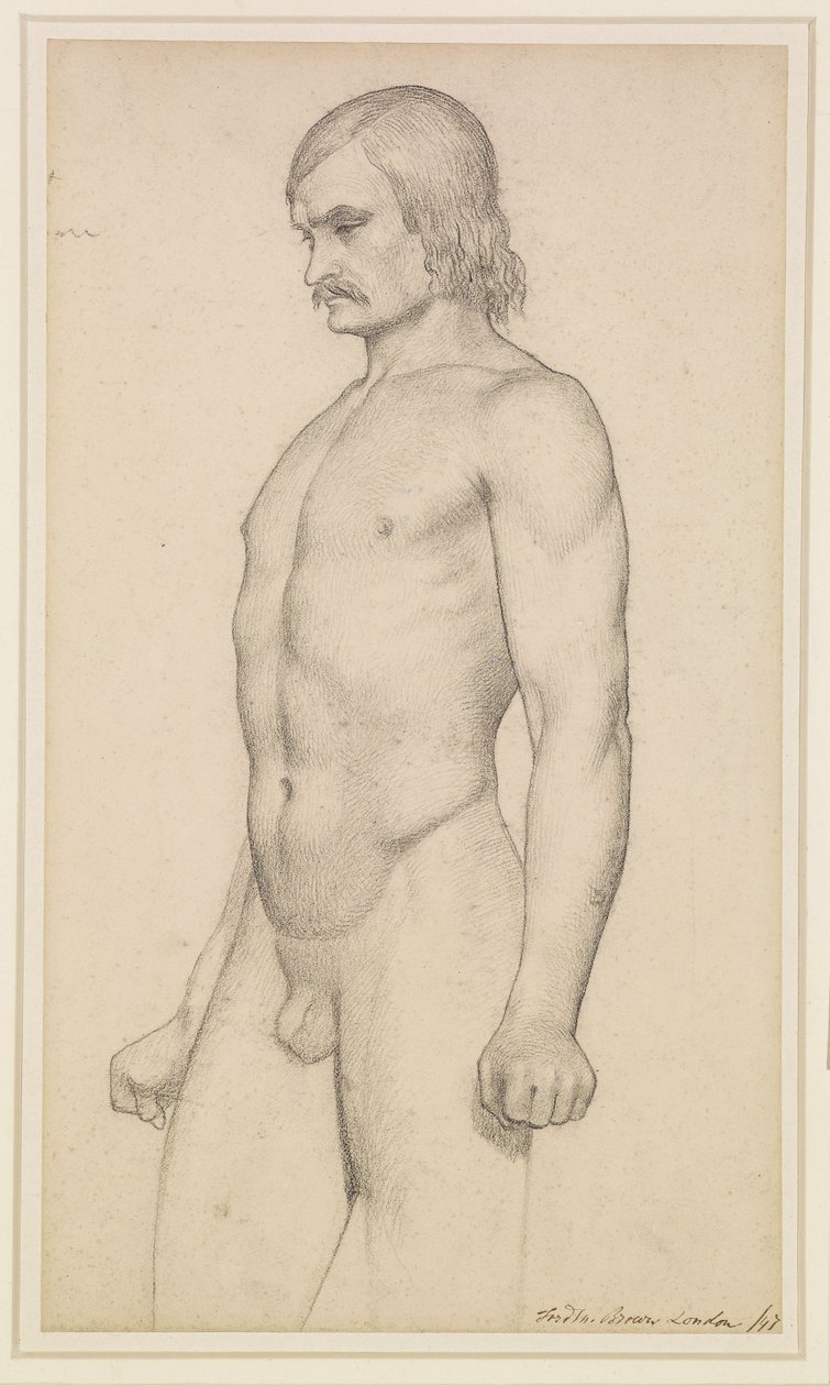Manlig nakenbild - Akademisk studie, nakenbild i trekvartslängd, med mustasch och knutna nävar av Ford Madox Brown