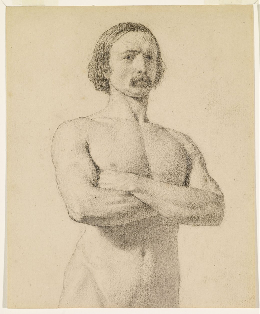 Manlig nakenbild - Akademisk nakenstudie, halvlängd med mustasch och armarna knäppta av Ford Madox Brown