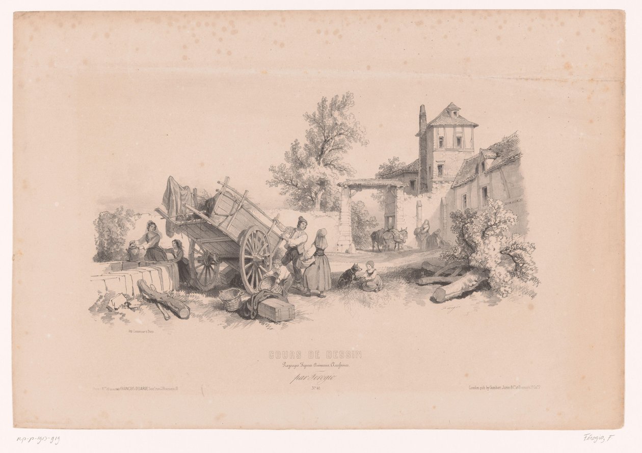 Gård med brunn, hövagn och olika figurer Ritkurs med studier av landskap, djur och detaljer (serietitel) Kurs designen. Paysages, figurer, animaux, tillbehör, par Férogio (serietitel på objekt) av Fortuné Ferogio