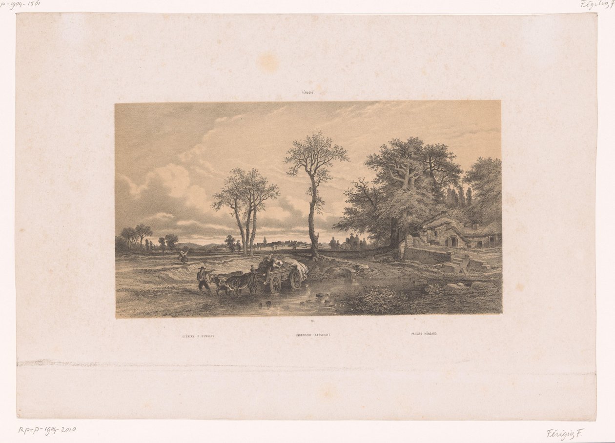 Gårdsvagn med oxar i ett ungerskt landskap Landskap i Ungern / Ungarische Landschaft / Paisage Húngaro (titel på objekt) Figurer i ett landskap (serietitel) av Fortuné Ferogio