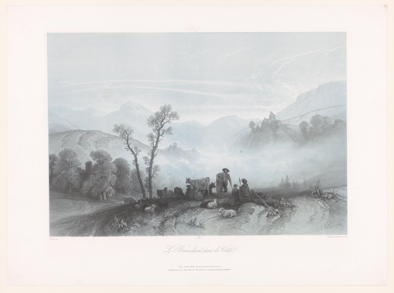 Herdar med kor och får i en dimmig dal Le Brouillard dans la Vallée (titel på objekt) av Fortuné Ferogio