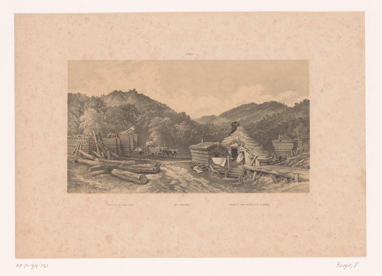 Skogshuggare i Schwarzwald Del av Schwarzwald / Im Schwarzwald / Paisage del Monte Negro (Sur de Alemania) (titel på objekt) Figurer i ett landskap (serietitel) av Fortuné Ferogio