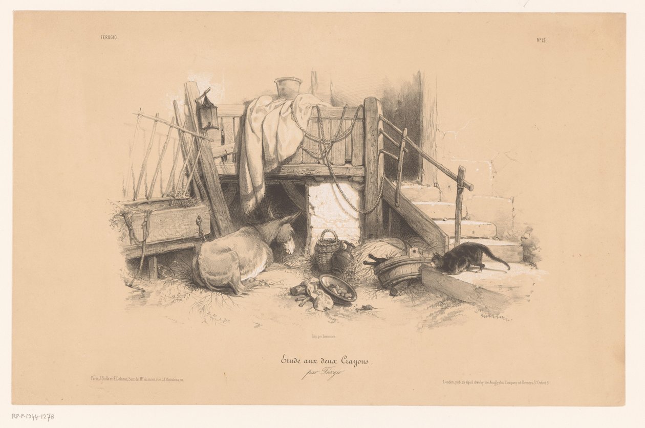 Stall med åsna, katt och mus Studier med två typer av krita (serietitel) Etude aux deux crayons, par Férogio (serietitel på objekt) av Fortuné Ferogio