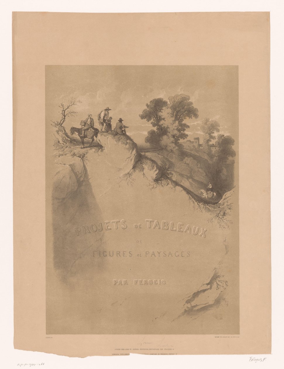 Titeltryck med klipplandskap och resenärer längs en ravin Landskaps- och figurstudier av Férogio (serietitel) Projets de tableaux de figures et paysages, par Férogio (serietitel på objekt) av Fortuné Ferogio