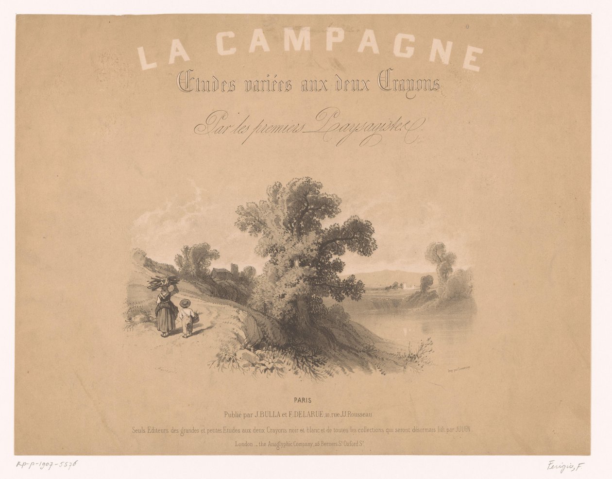 Titeltryck för: Studier av lantliga scener med två typer av krita Studies of Country Scenes with Two Chalks (serietitel) La Campagne. Etudes variées aux deux Crayons par les premiers Paysagistes (serietitel på objekt) av Fortuné Ferogio