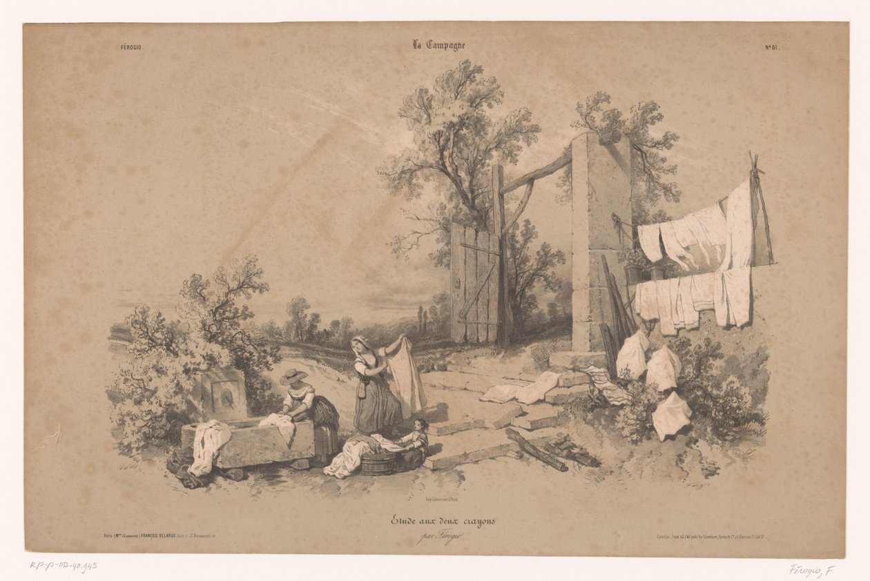 Två kvinnor och ett barn tvättar i det fria Studies of Country Scenes with Two Chalks (serietitel) La Campagne. Etude aux deux crayons, par Férogio (serietitel på objekt) av Fortuné Ferogio
