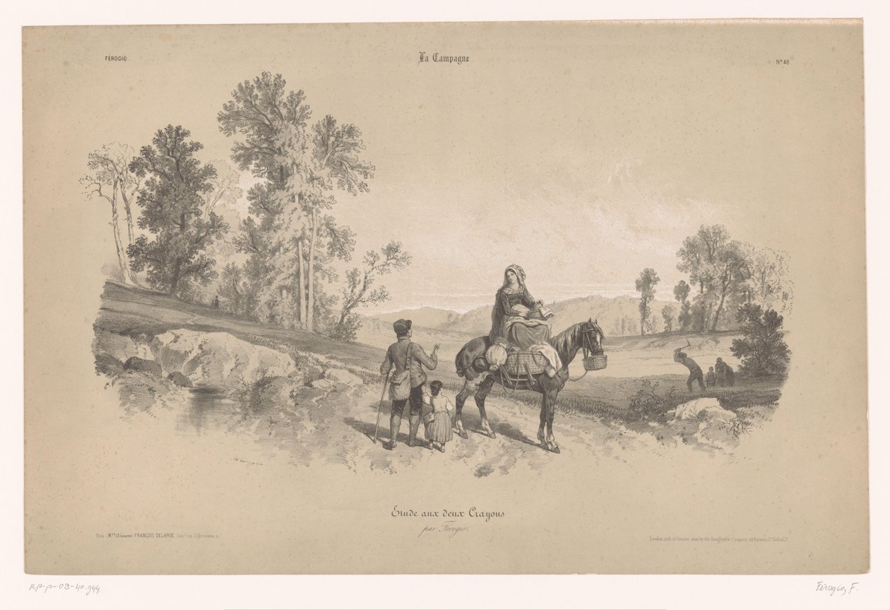 Kvinna till häst med man och barn i ett landskap Studies of Country Scenes with Two Chalks (serietitel) La Campagne. Etude aux deux crayons, par Férogio (serietitel på objekt) av Fortuné Ferogio