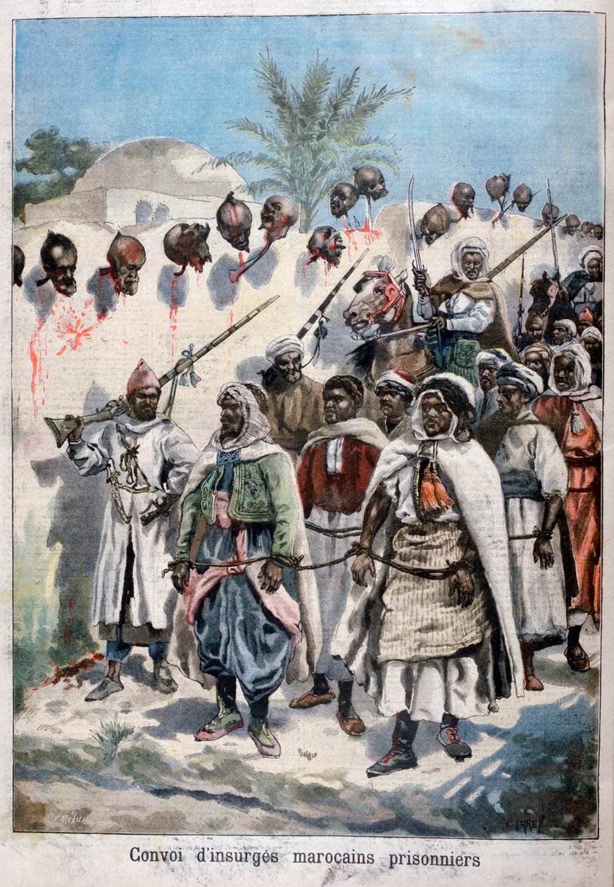 Kolonn av upproriska marockaner som togs till fånga i Tadla av Sultan Abdul-Hafizs armé, 1897. av Fortuné Méaulle