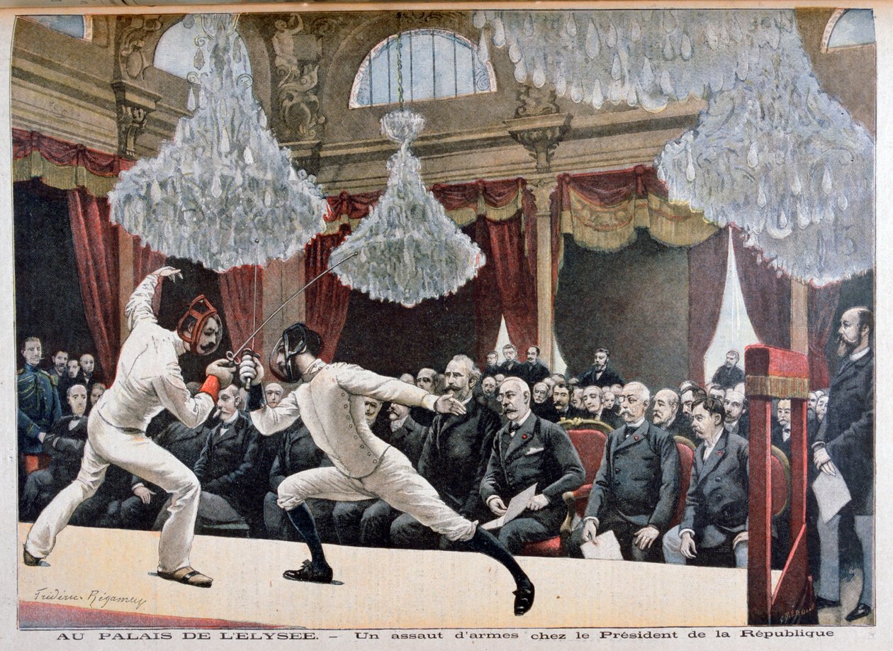 Fäktning framför republikens president, Palais de lÉlysée, 1895 av Fortuné Méaulle