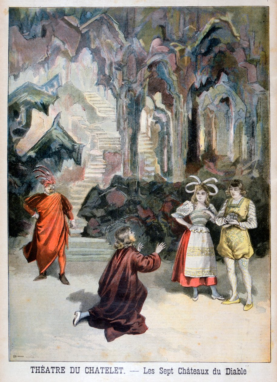 Föreställning av Djävulens sju slott, Theatre du Chatelet, Paris, 1896 av Fortuné Méaulle