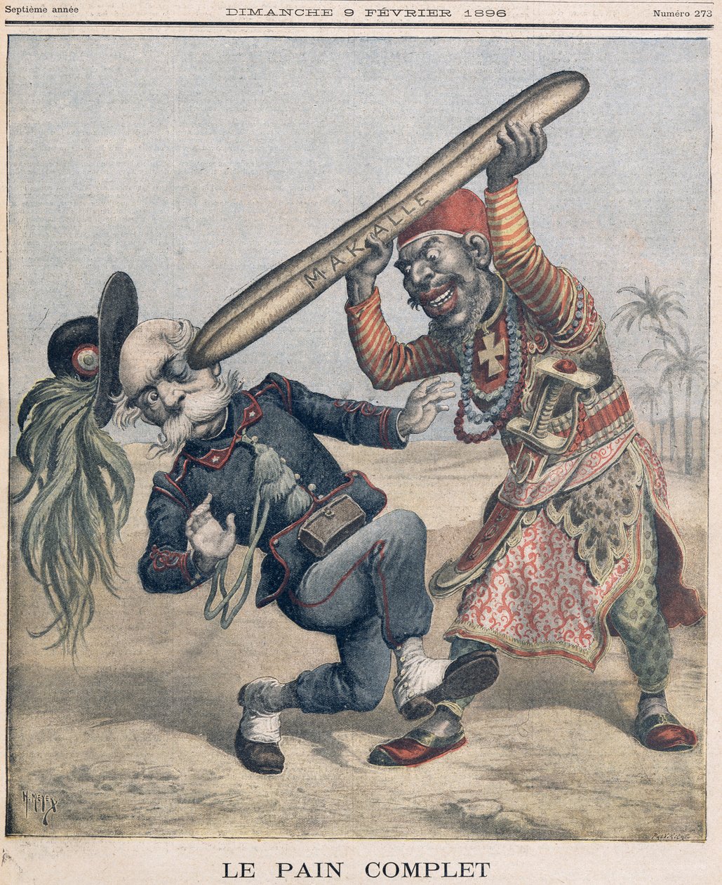 Karikatyr av Francesco Crispi (1818-1901) och den italienska invaderande arméns nederlag vid belägringen av Makalle, Etiopien. omslag till 